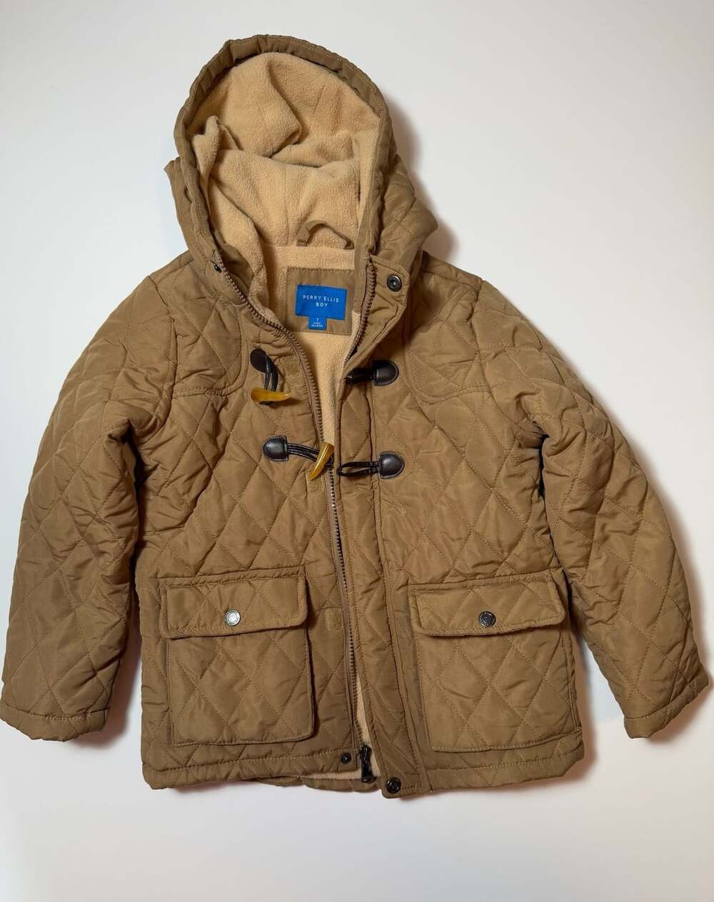 Perry Ellis Boy Quilted Fleece Lined Toggle Winter Coat Khaki Size 7